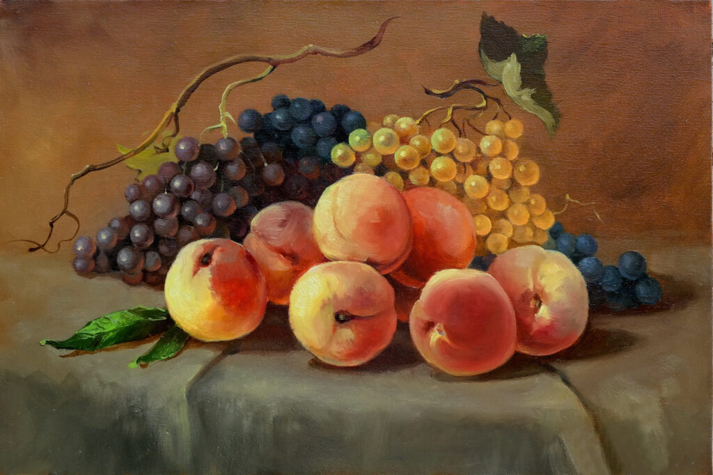 ToF Behang schilderij stilleven rijpe sappige perziken en druiven op tafel
