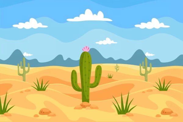 ToF Behang bloemen tekening van cactussen in woestijn met bergen