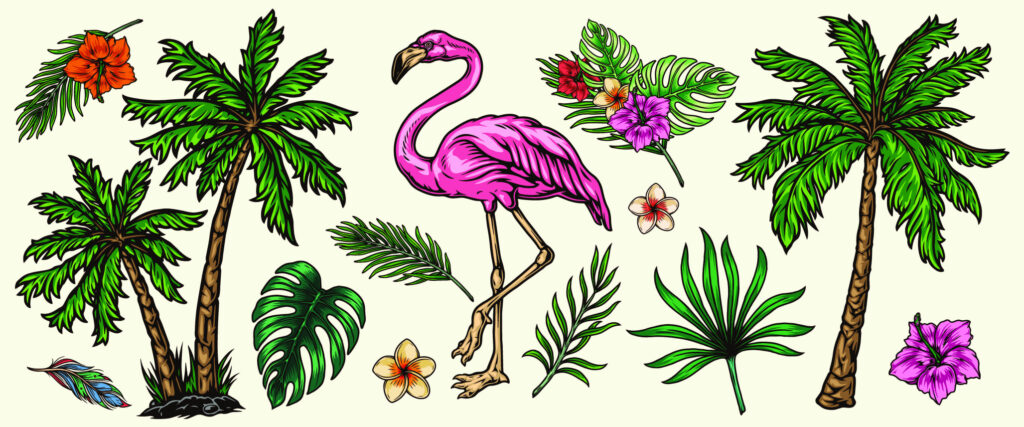 ToF Behang flamingo met palmbomen en bladeren