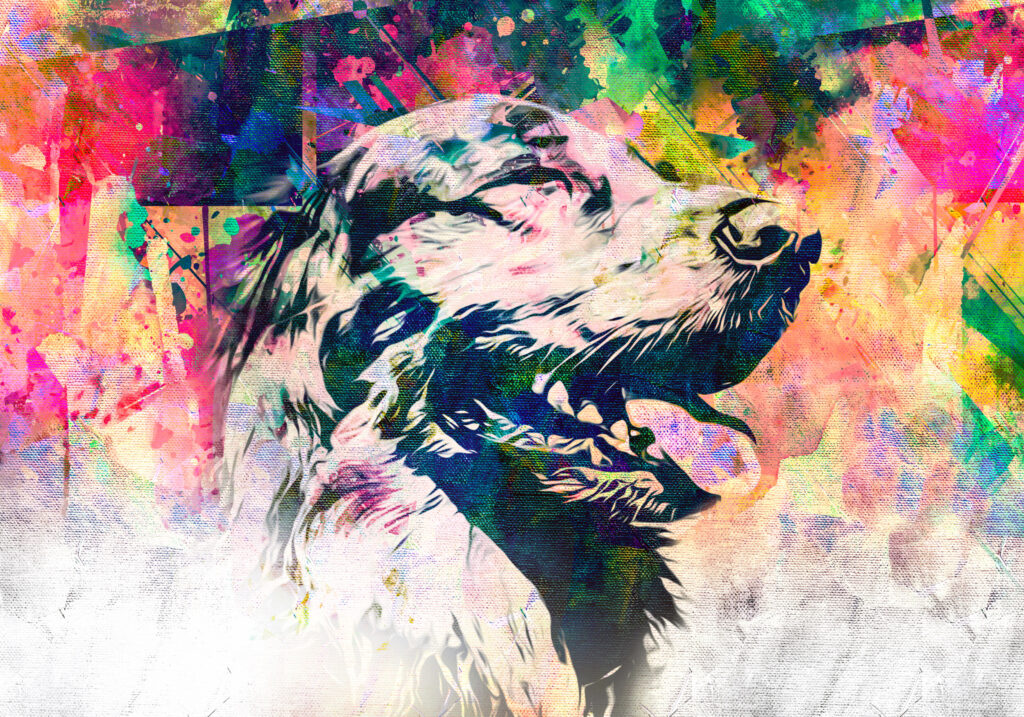 ToF Behang graffiti blije hond met een kleurijke achtergrond