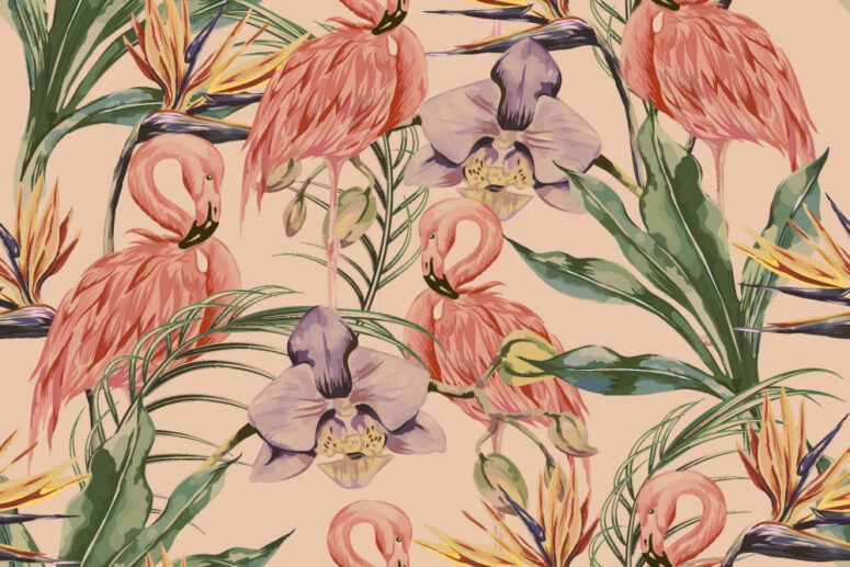ToF Behang vogel getekende flamengo’s in jungle