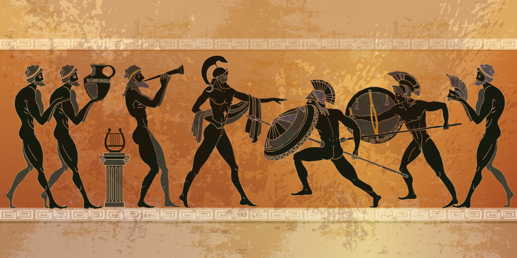 ToF Behang mensen Grieken met zwaarden en schilden