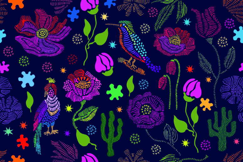 ToF Behang bohemian bloemen borduurpatroon met vogels