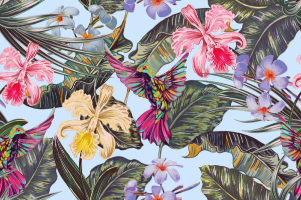 ToF Behang boho patroon achtergrond met exotische bloemen en palmbladeren