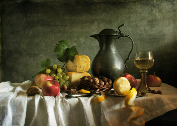 ToF Behang schilderij stilleven met fruit, kaas, noten en wijn
