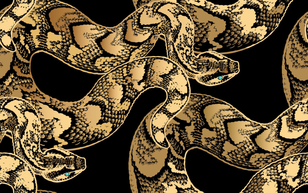 ToF Behang dieren illustratie slang in goud en zwarttinten