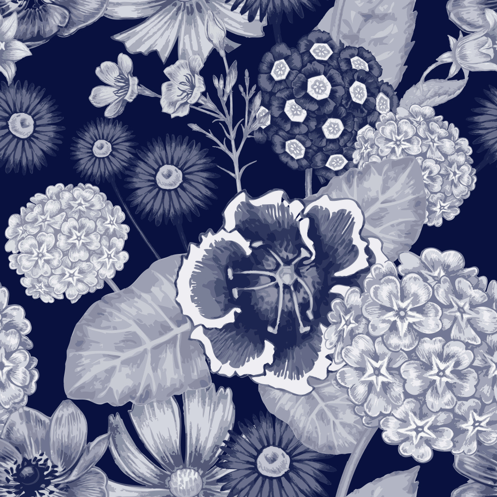 ToF Behang bloemen getekend blauw