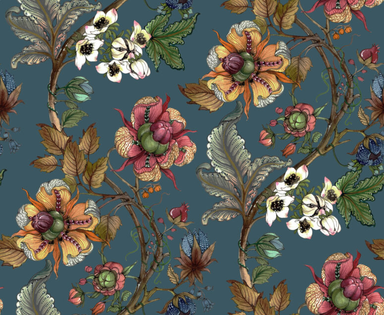 ToF Behang vintage bloemenprint donkerblauw