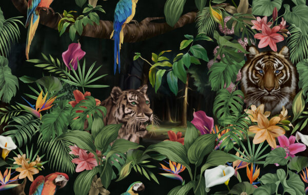 ToF Behang wilde dieren illustratie met tijgers en papegaaien in jungle