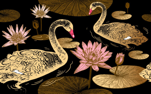 ToF Behang dieren illustratie zwanen met lotusbloemen in zwart roze en goud
