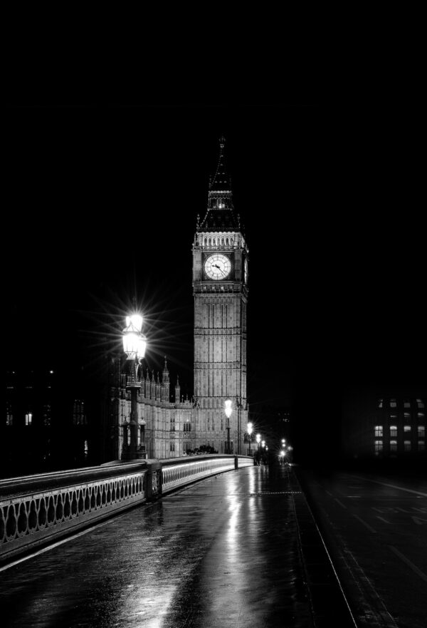 ToF Fotobehang zwart-wit Big Ben, 's nachts, Londen