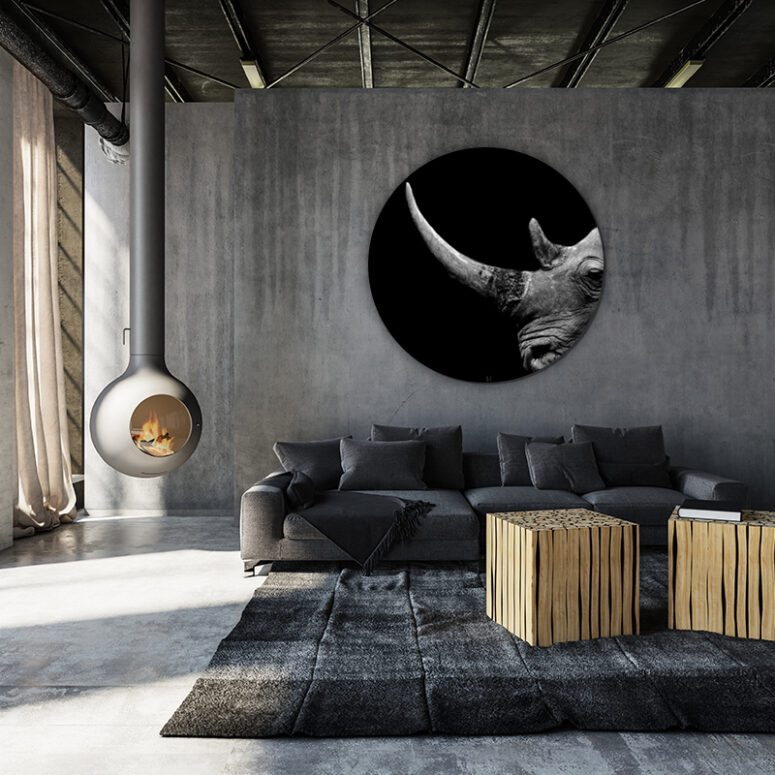 ToF Behangcirkel dieren neushoorn met grote hoorn zwart-wit