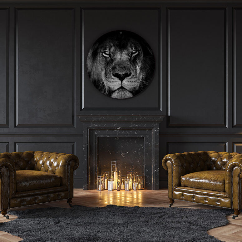 ToF Behangcirkel dieren portret Afrikaanse leeuw zwart-wit