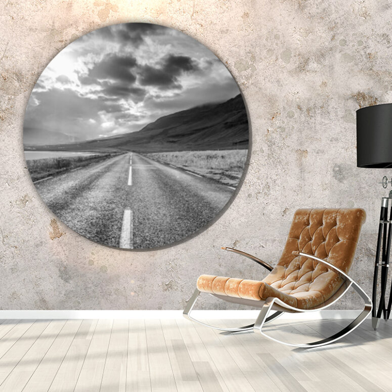 ToF Behangcirkel natuur IJslandse weg zwart-wit