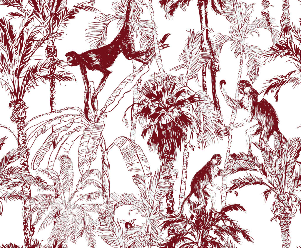 ToF Behang jungle dieren illustratie apen in bomen in rood-wit