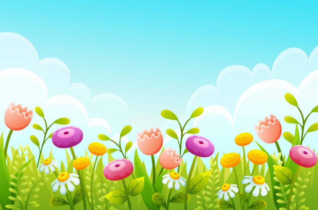 ToF Behang blauwe lucht gras en roze bloemen