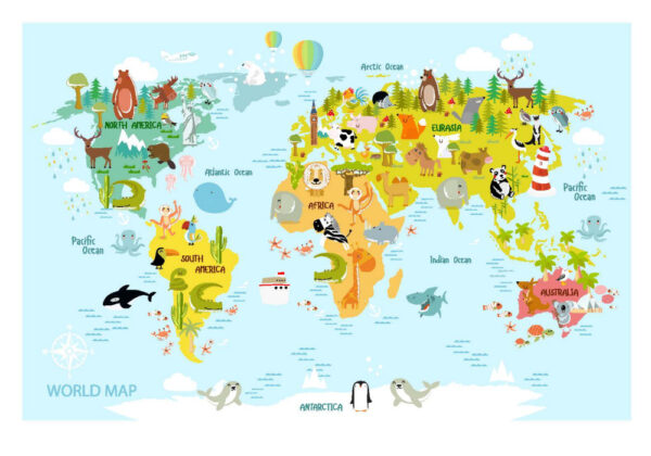 ToF Behang wereldkaart met verschillende dieren en kleuren