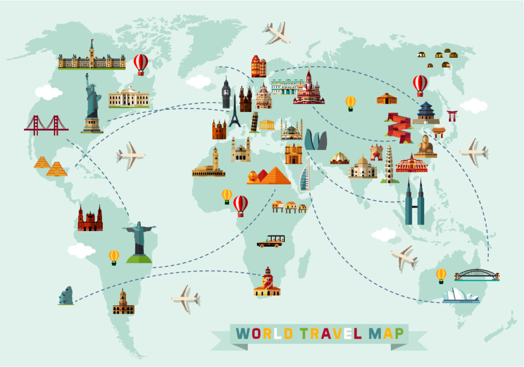 ToF Behang wereldkaart met verschillende bezienswaardigheden van landen