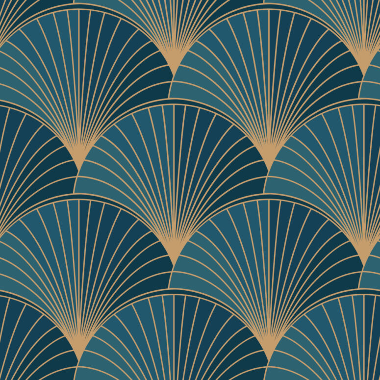 ToF Behang kunst blauwe schelpen met een goudtint