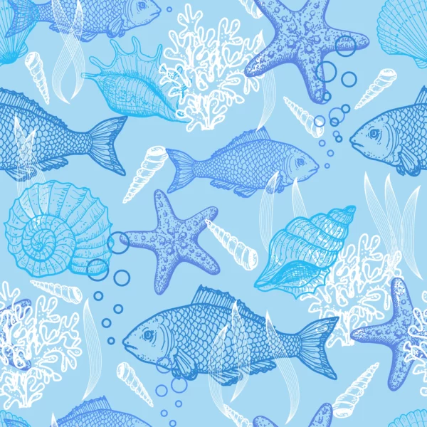 ToF Behang vissen in blauw met zeesterren en ander gedierte