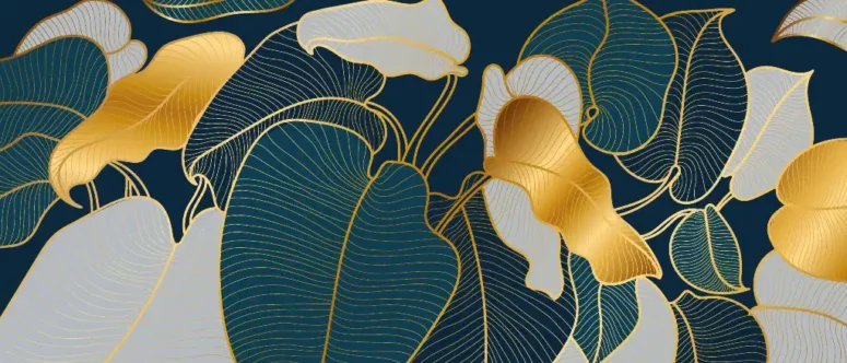 ToF Behang planten gouden, blauwe en grijze bladeren