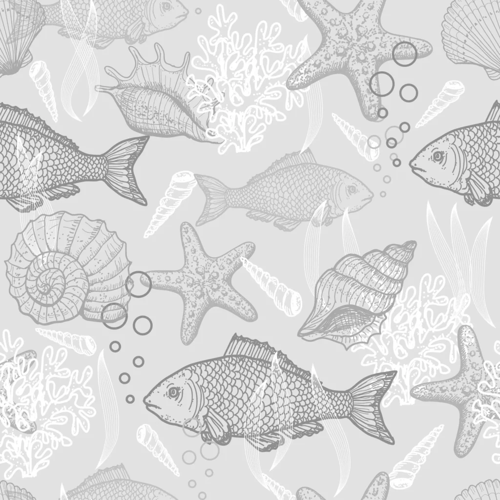 ToF Behang vissen in zwart-wit met zeesterren en ander gedierte
