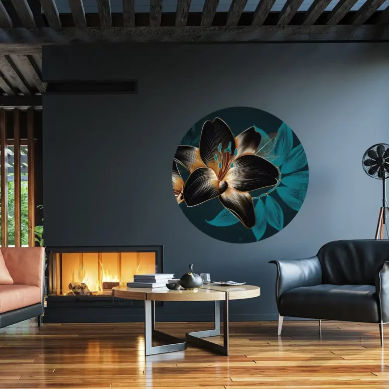 ToF Behangcirkel bloemen Franse lelie goud, zwart en blauw