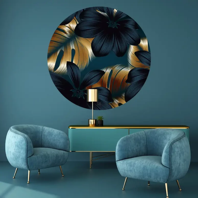 ToF Behangcirkel planten gouden en blauwe monsterabladeren