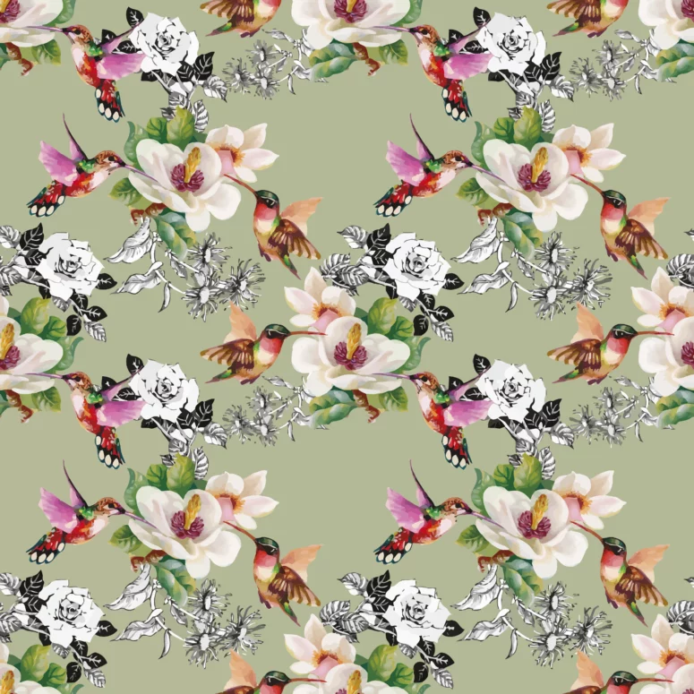 ToF Behang mooi bloemen en vogels groene achtergrond